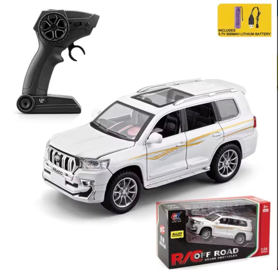 1:24 RC Prado Alloy Diecast Car with Remote | Openable Doors, Lights & Music