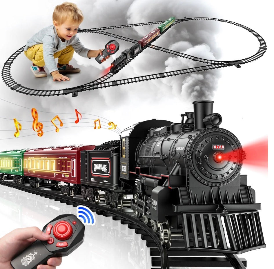 Retro Steam Train Set – Electric DIY Railway with Lights, Sounds & Smoke