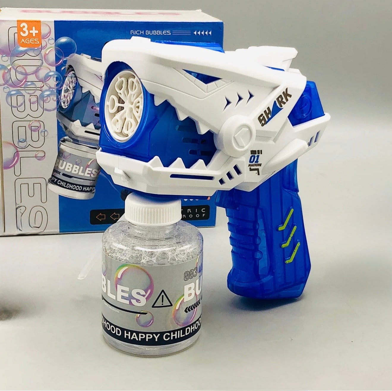 6-Holes Mini Shark Bubble Gun – Colorful Bubbles & LED Light Fun for Kids