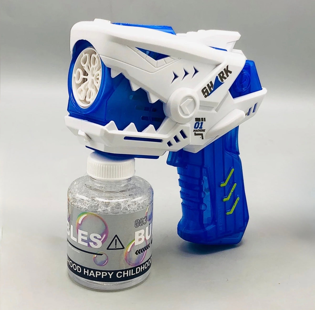 6-Holes Mini Shark Bubble Gun – Colorful Bubbles & LED Light Fun for Kids