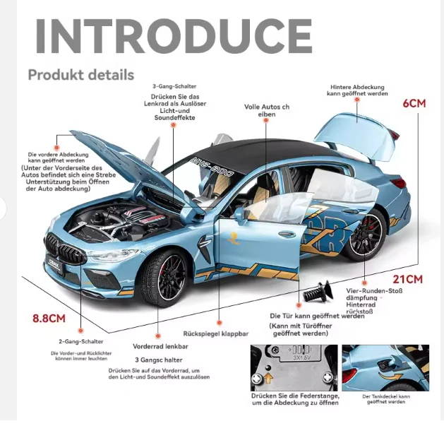 1:24 Diecast BMW M8 Model Car With Smoke